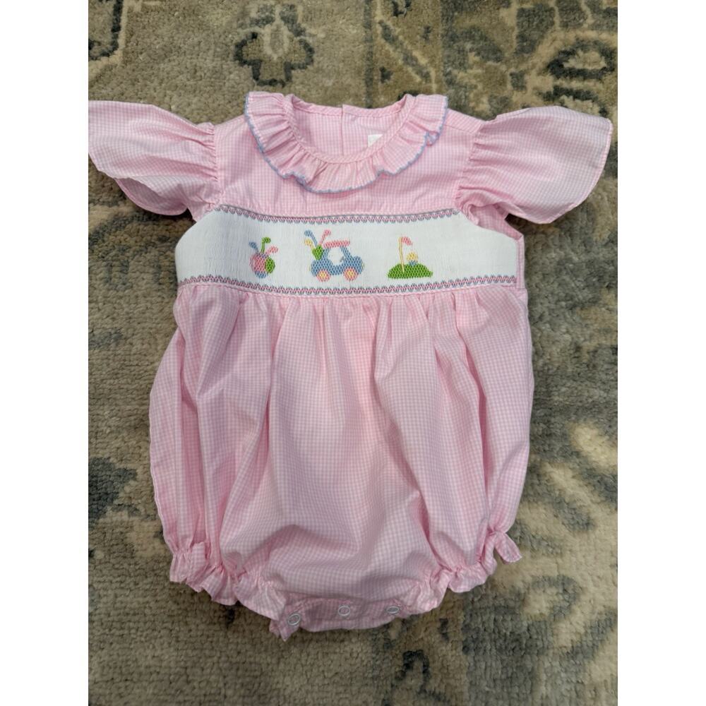 Cecil And Lou Hand Smocked Pink Gingham Golf Themed Bubble 12 Months